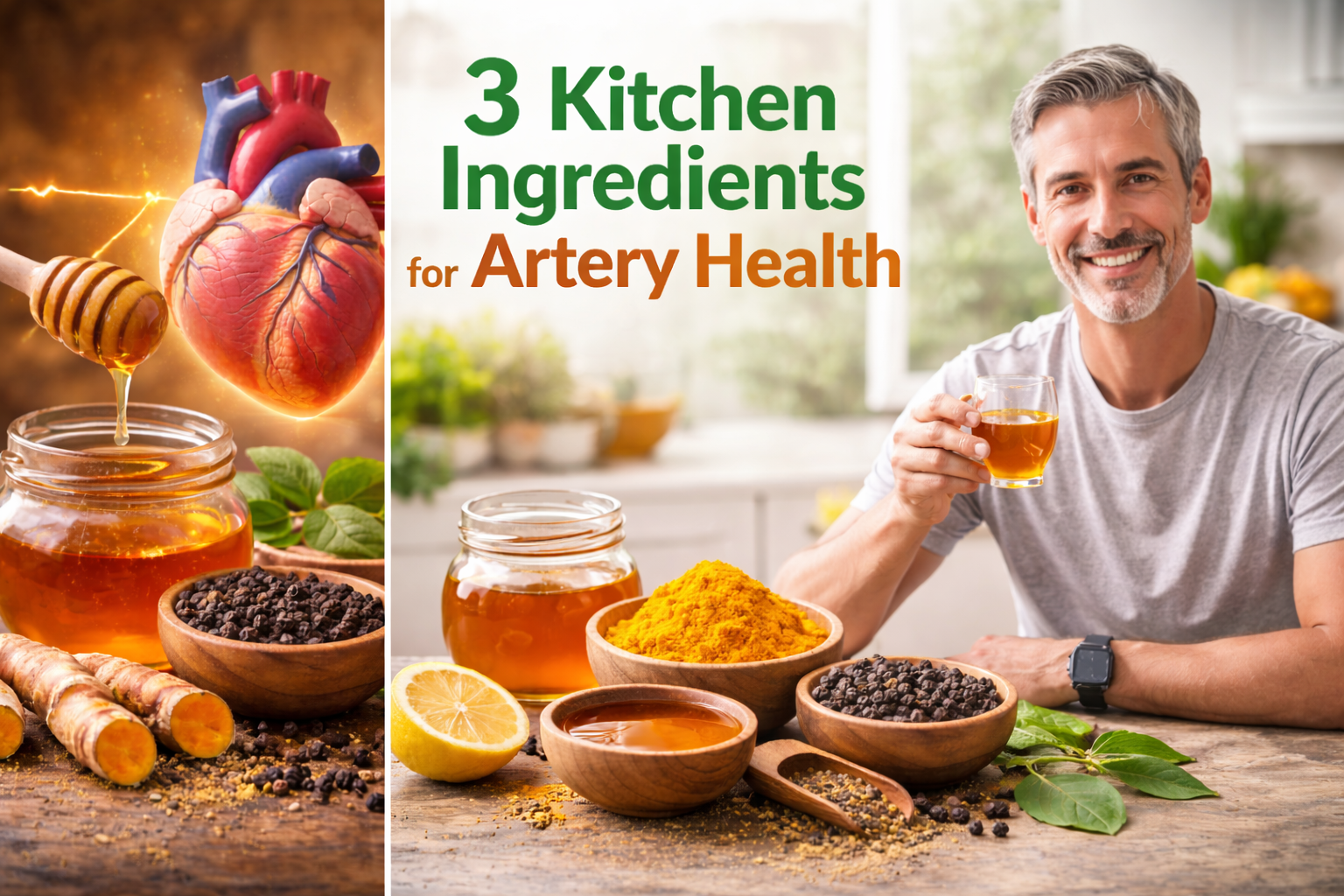 natural ingredients honey turmeric and black pepper for heart and artery health