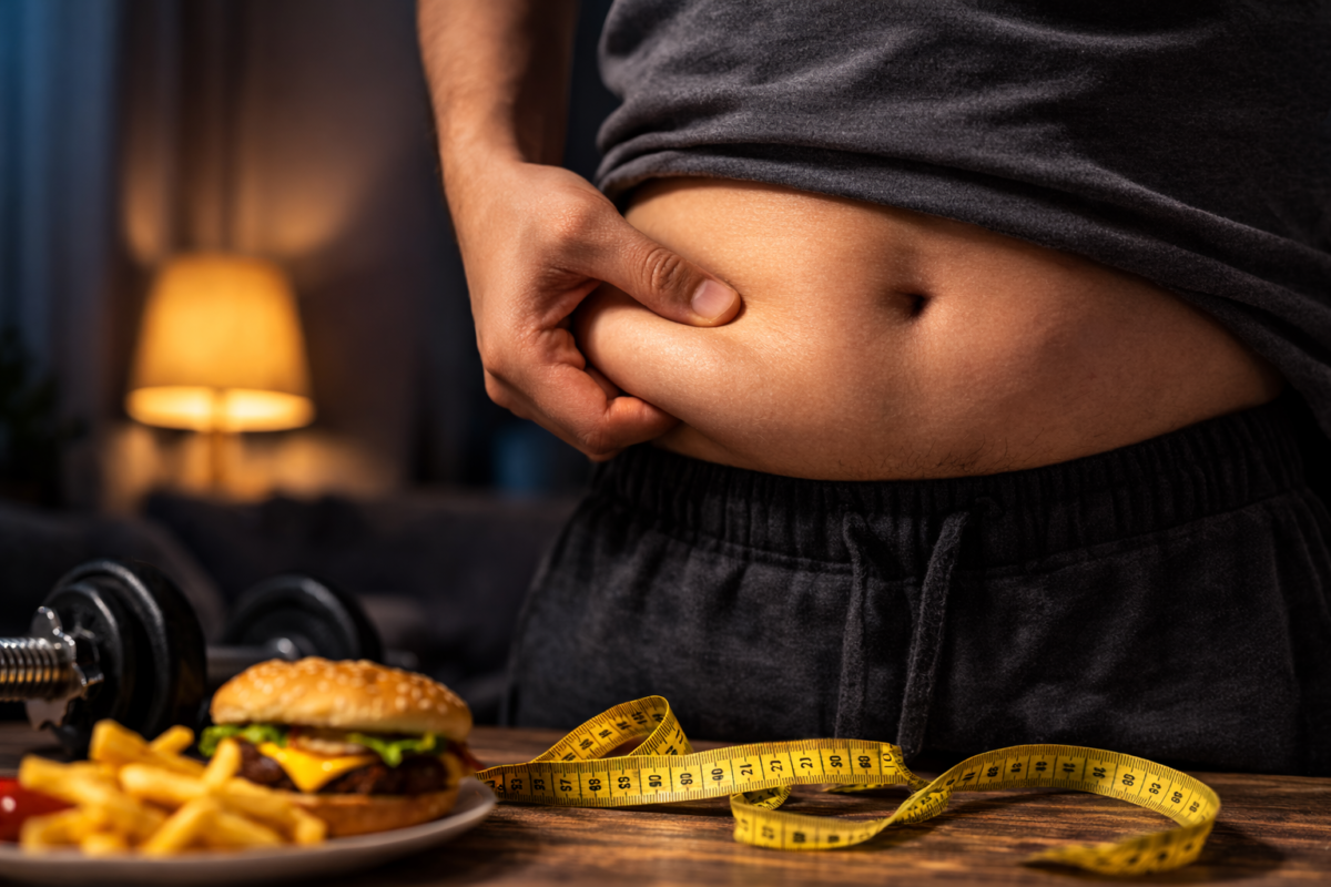 person holding belly fat showing weight gain problem