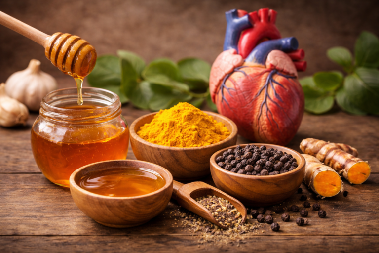 natural ingredients honey turmeric and black pepper for heart and artery health