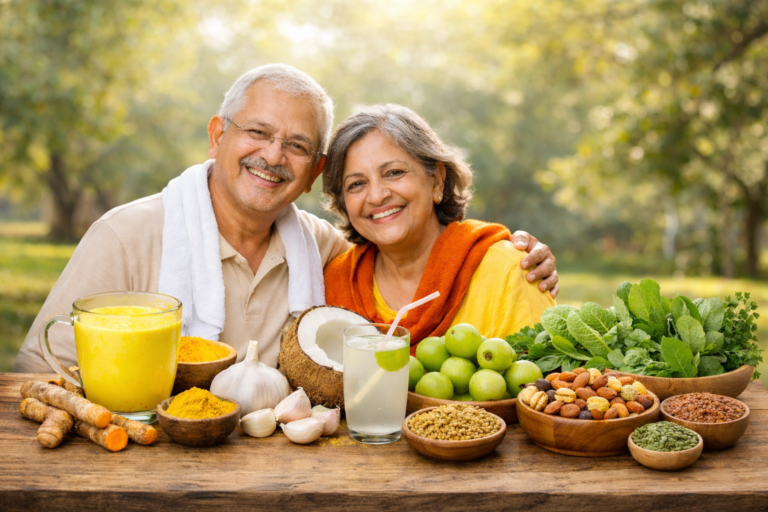 healthy foods for seniors including turmeric milk garlic coconut amla fenugreek nuts and leafy vegetables